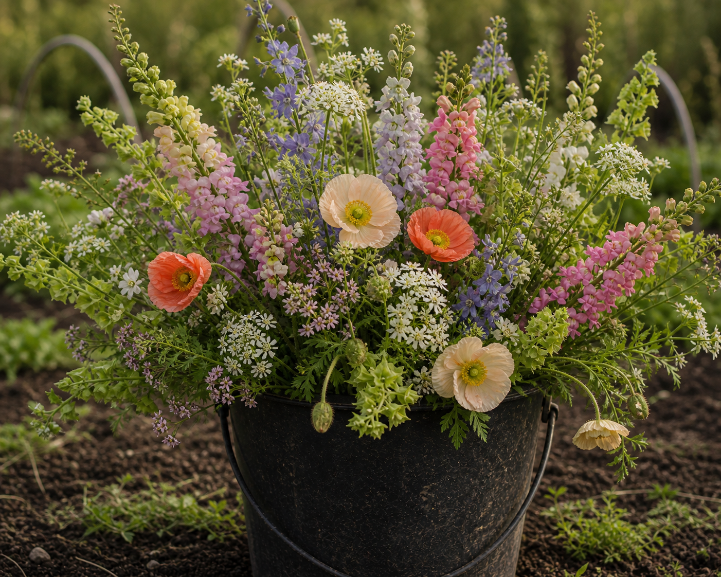 Early season flowers with snapdragons, larkspur, orlaya, poppies, and bells of Ireland