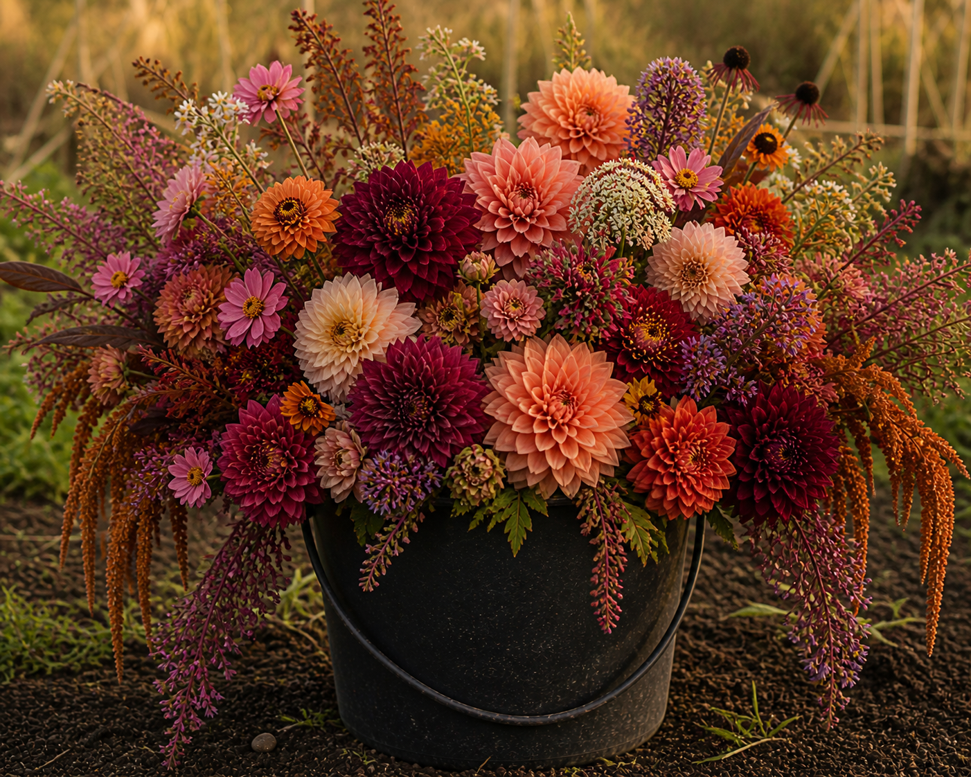 Late season flowers with dahlias, rudbeckia, zinnias, and warm fall tones