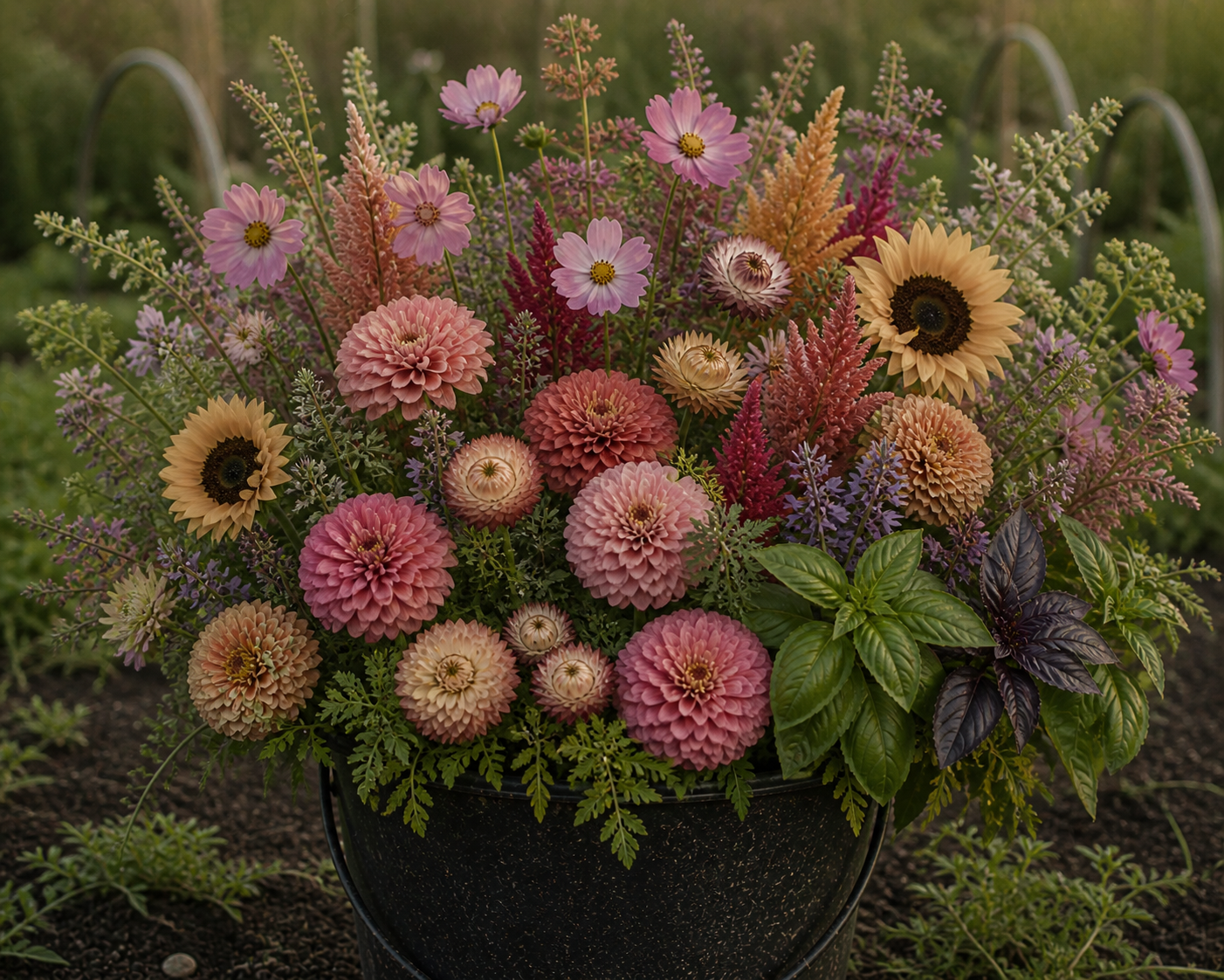Mid season flower bucket with zinnias, strawflower, cosmos, basil, celosia, and sunflowers